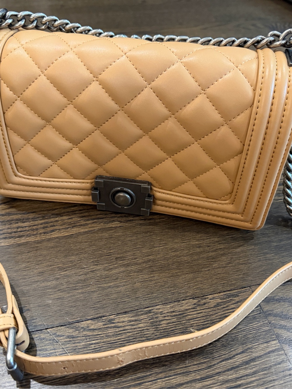 KC Jagger Quilted Tan Crossbody with Silver Chain